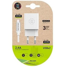 Chargeur 2 Ports USB + Cable USB / Micro USB 1m - Nylon Tressé