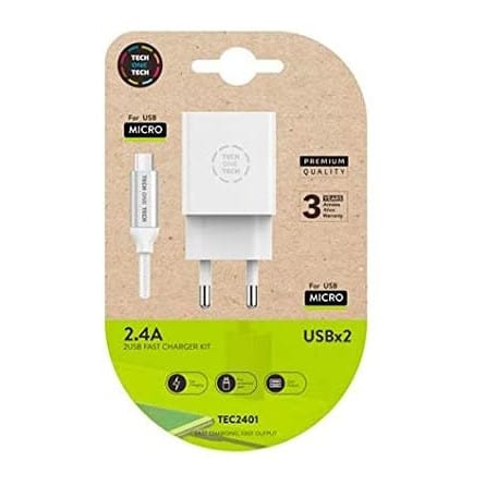 Chargeur 2 Ports USB + Cable USB / Micro USB 1m - Nylon Tressé